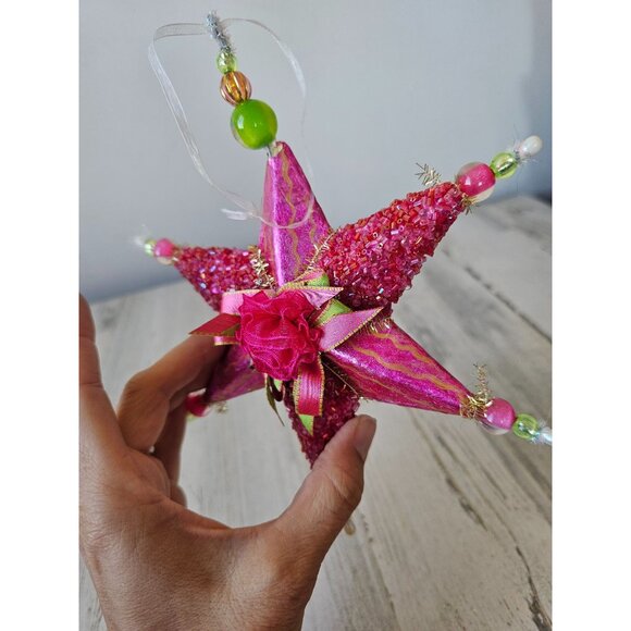 Sequin star beaded ribbon ornament pink Xmas tree green very unique well made - Picture 9 of 9